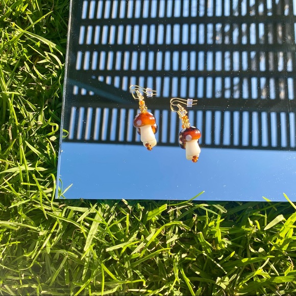 🍄handcrafted orange & brown mushroom earrings 🍄 - Picture 1 of 4